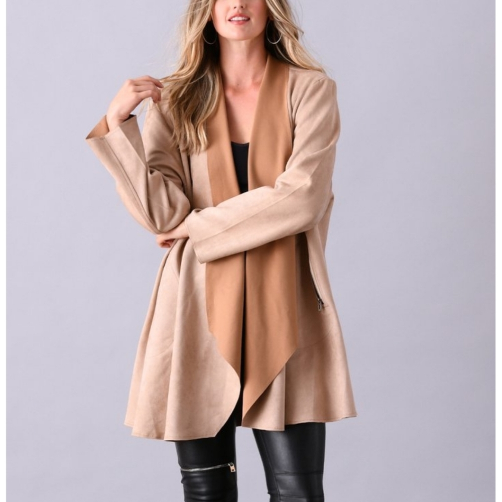 Light weight khaki colored peachskin lovely-drape-front cardigan - Plus 2X